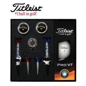 타이틀리스트 Pro V1 골프볼 볼마커 자석티 세트(골프볼 3구, 볼마커 2개, 자석클립 1개, 자석티 2개) (140*135*45mm/240g)